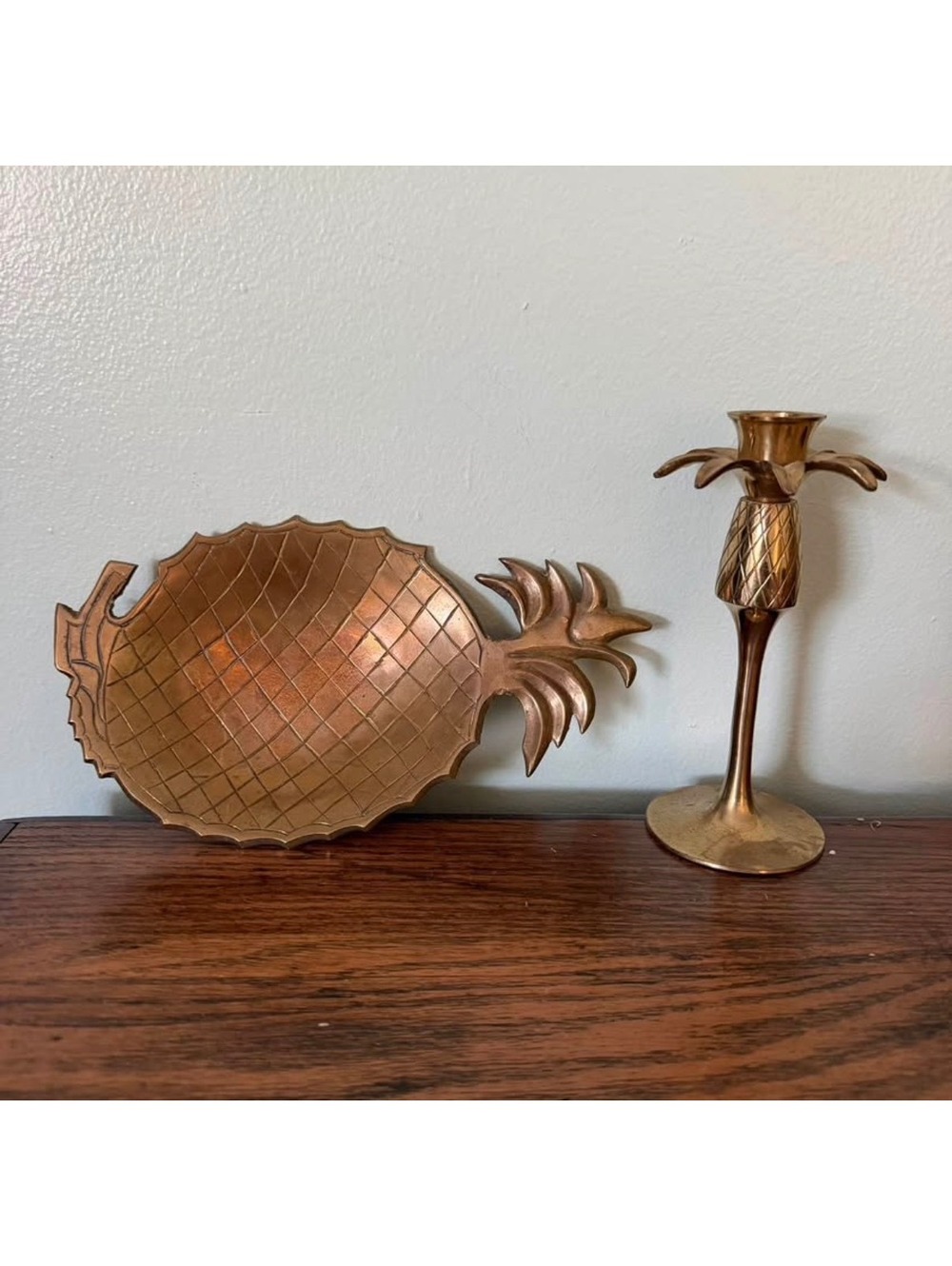 (2) Vintage Brass Pineapple pieces — candlestick & trinket dish cottage core